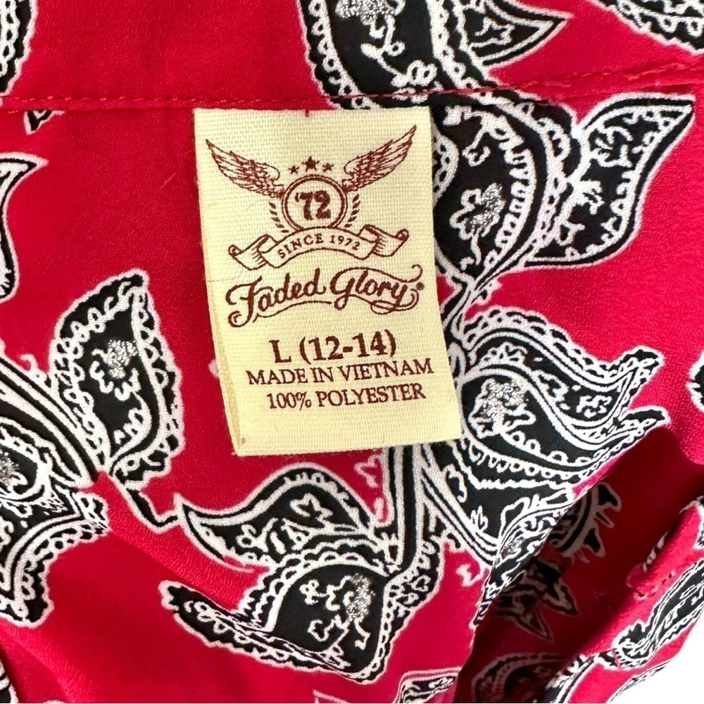 🌸Faded Glory- Red Paisley V Neck Tunic- Adj. Sleeve- Size 12-14 Large - Picture 9 of 10